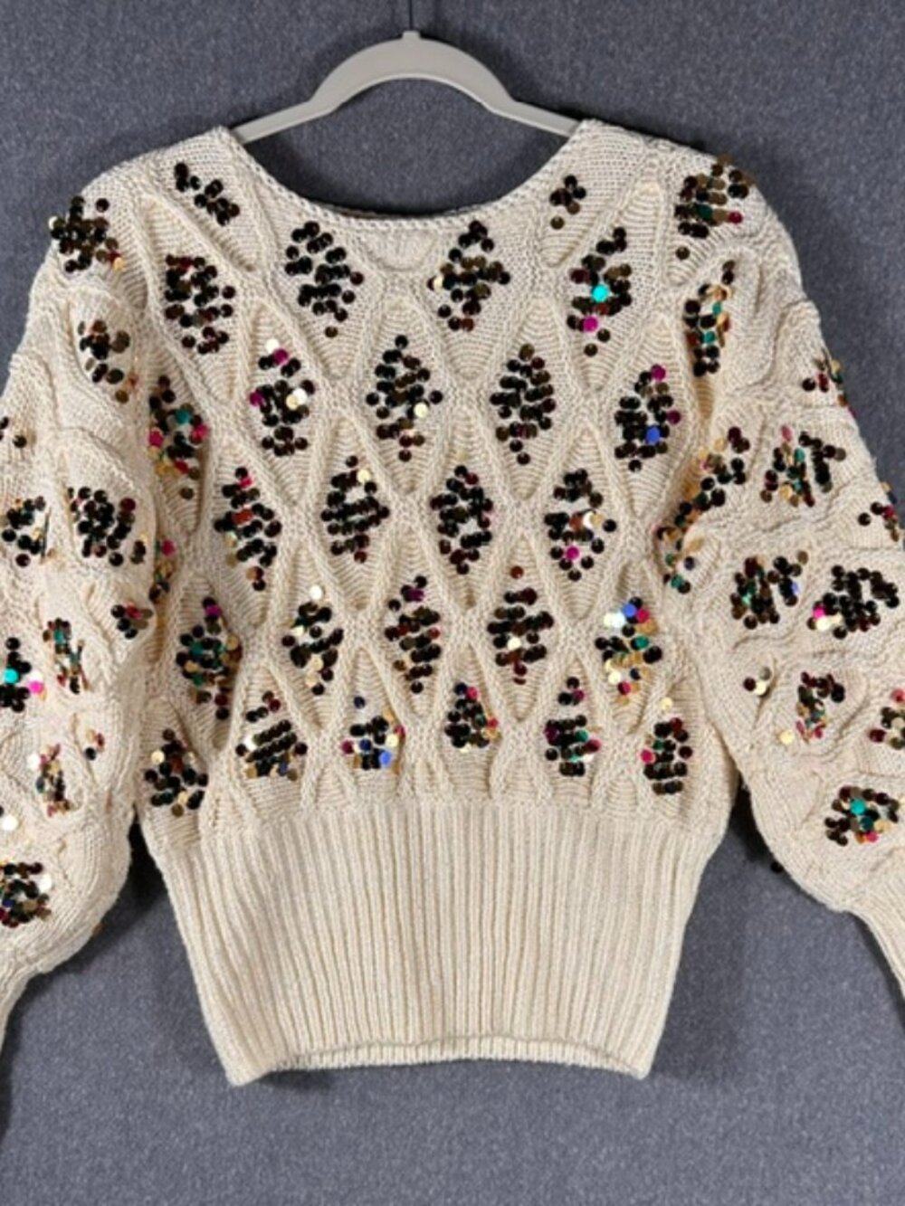Anthropologie Lara Sweater Cream Multi Color Sequin Chunky Knit Women XS FESTIVE